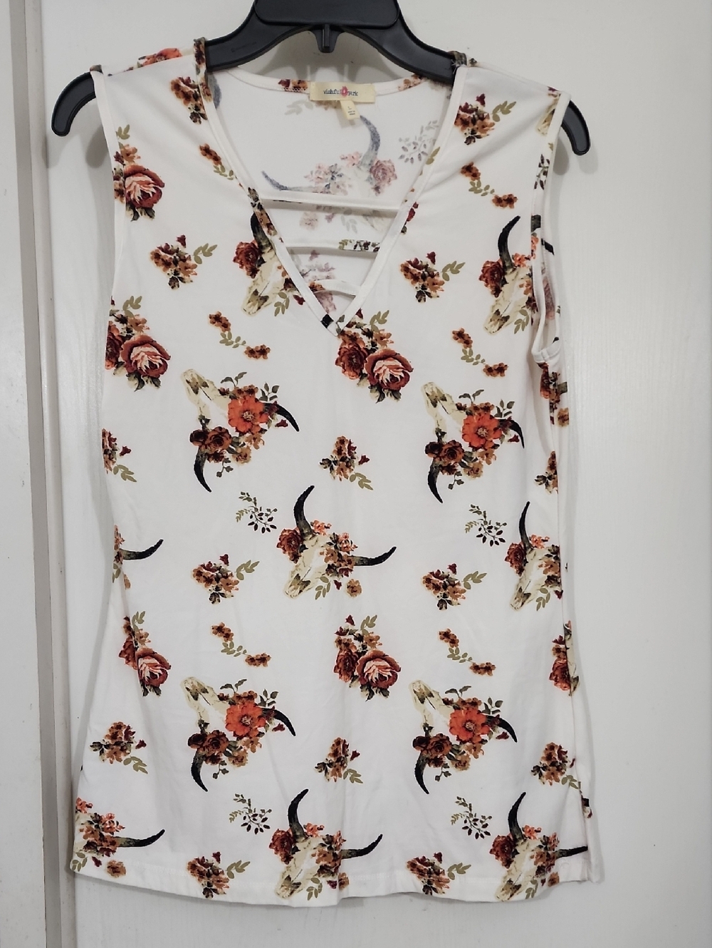 Wishful Park White Floral V-Neck Tank with Rust Blooms